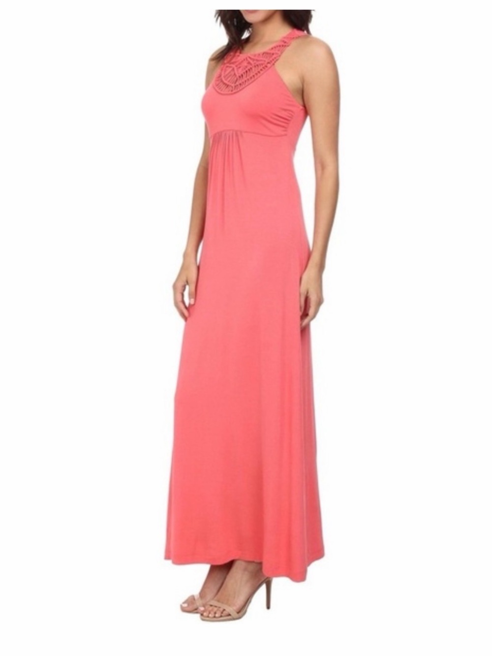 Tommy Bahama Coral Pink Crochet Halter Maxi Dress
